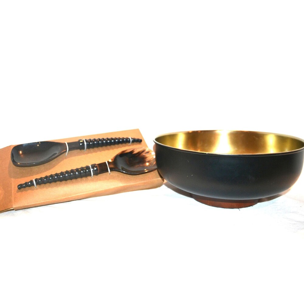 Vintage Bowl Black with Gold Tone on Wood Base with Horn Salad Servers